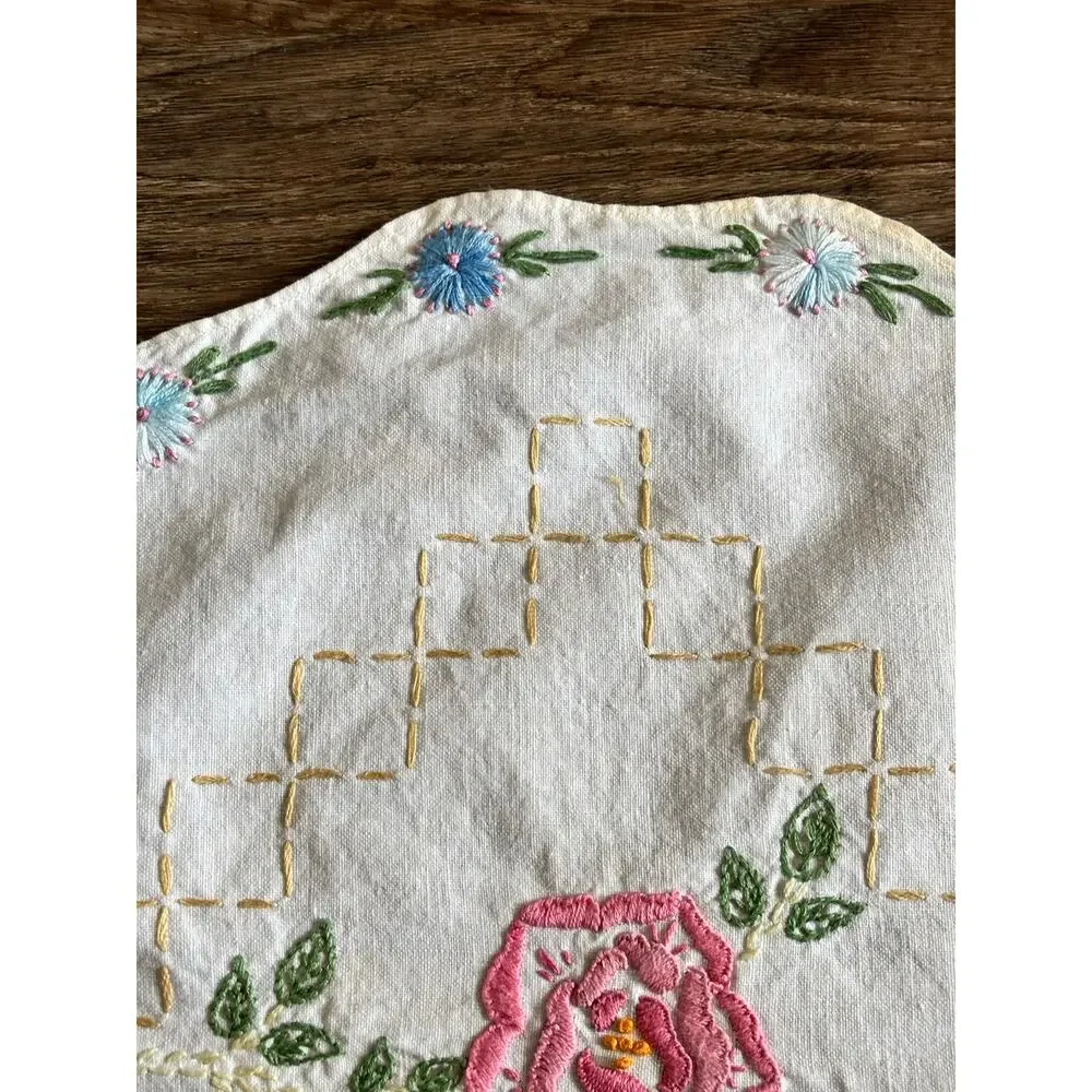 Antique Floral Embroidery Table Runner 16x39 White Cotton Rainbow Boho Scalloped